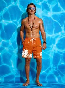 Surfspeed Men's Coconut Tree Print Drawstring Waist Beach Shorts, Casual,Hawaiian - Orange - View 4