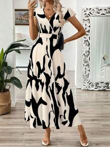 Breezaya Women's Summer V-Neck Long Leaf Floral Dress, Waist Cinched A-Line Dress - Multicolor - View 6