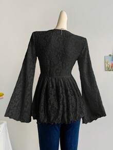 Soleia Women's Vacation Lace Blouse With Front Tie And Bell Sleeves - Black - View 2