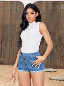 SHEIN LUNE Quần short denim giản dị có túi trước cài nút cho nữ - Rửa tối - Xem 4