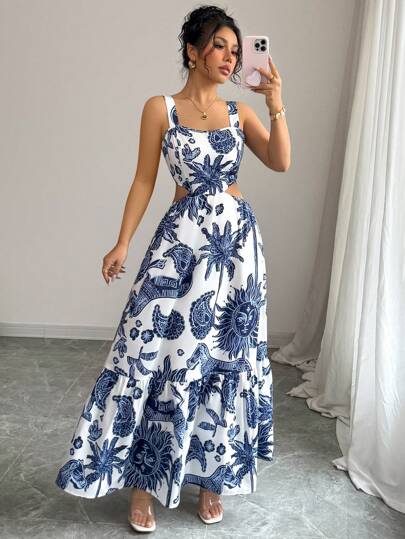 SHEIN Clasi 2025 New Fashion Printed Squared Neck Waist Belt Hollow Backless Lace-Up Casual Vacation Sleeveless Dress, Bohemian Music Festival Summer