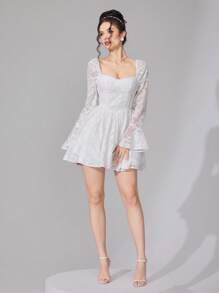 Modelyn Vestido corto de mujer de unicolor elegante con mangas abombadas y recortes - Blanco - Ver 3