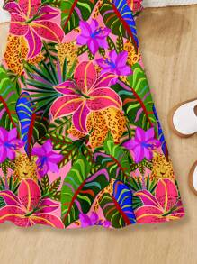 SHEIN Leap Crew Tween 女童休闲丛林花卉图案编织夏季连衣裙，带荷叶边袖，休闲时尚 - 彩色 - 查看 5