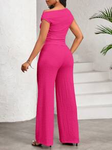 SHEIN Lady 白色弹力纹理不对称领上衣和阔腿裤配松紧腰带裤子女两件套休闲日常优雅四季皆宜 - 玫紅色 - 查看 2