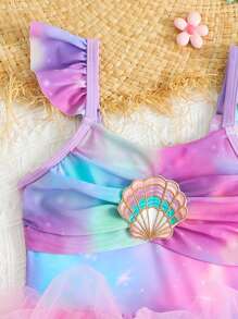 Young Girl Ombre Mesh Patchwork One-Piece Swimsuit For Beach Vacation - Multicolor - View 3