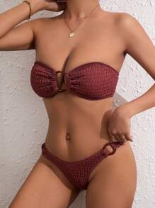 Swim Lushoire Bikini de dos piezas con volantes de unicolor para vacaciones en la playa - Café integral - Ver 1