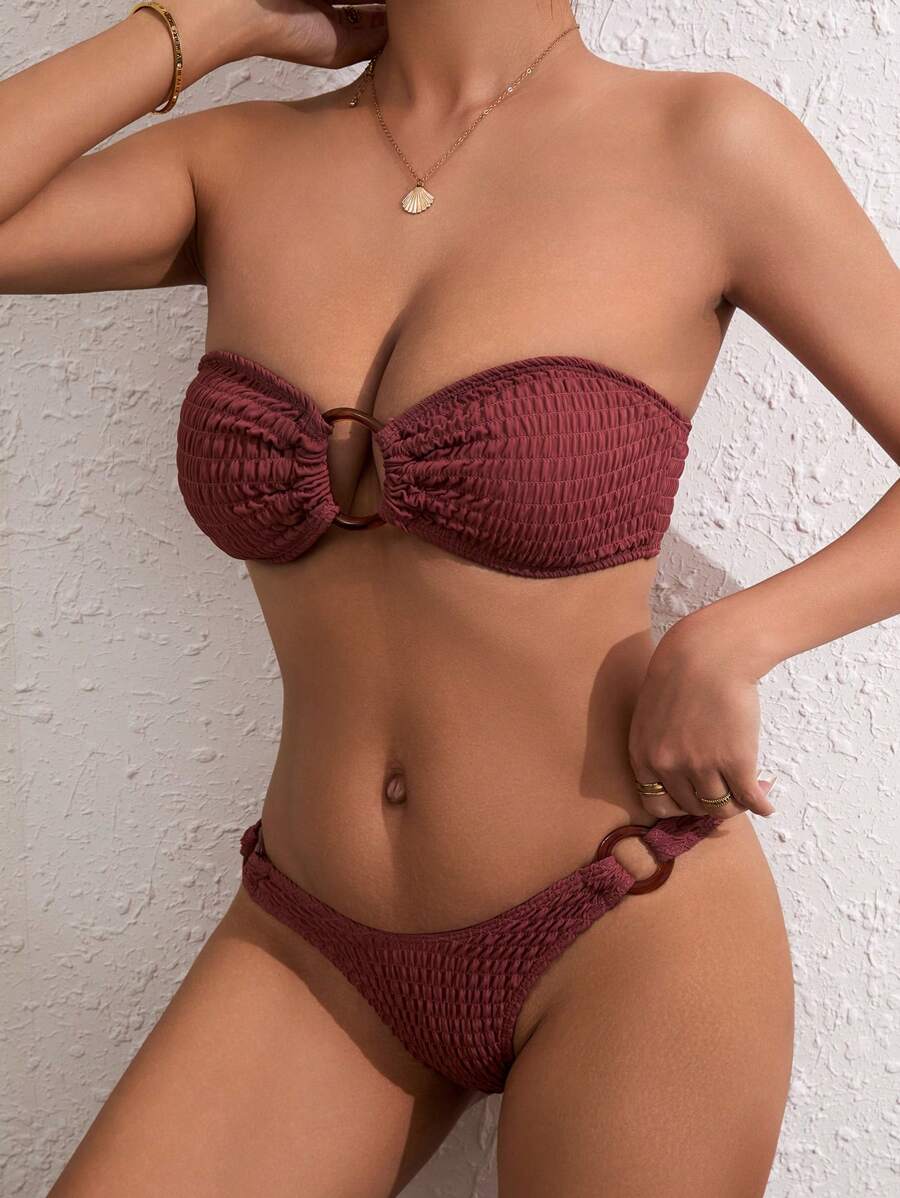 Swim Lushoire Bikini de dos piezas con volantes de unicolor para vacaciones en la playa - Café integral - Ver 1