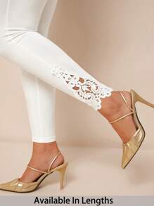 SHEIN PETITE CURVE 2pcs Women Plus Solid Color Elastic Waist Casual High-Stretch Leggings Black Lace Leggings Country Concert,Suitable For People Of Shorter Stature,Suitable For Autumn And Winter - Multicolor - View 8