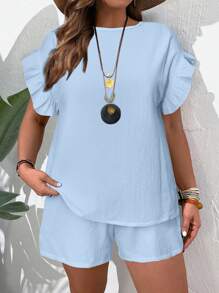 EMERY ROSE Plus Size Women Summer Casual Solid Color Top & Shorts 2 Pieces Set - Baby Blue - View 1