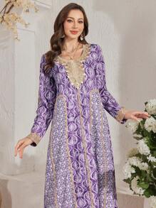 Al Najma 女士方领图案传统优雅土耳其长裙和阿拉伯传统长袍 - 淺灰紫 - 查看 3