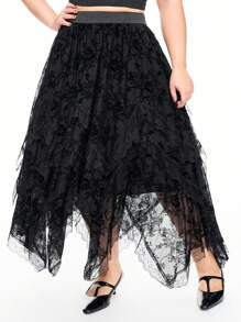 ROMWE Plus Size Gothic Romantic Luxurious Palace Vine Flocked Asymmetrical Hem Contrast Lace Trim Skirt - Black - View 6