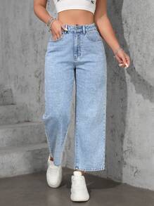 SHEIN ICON Plus Size Women Casual Loose Straight Leg Light Blue Non-Stretch Jeans