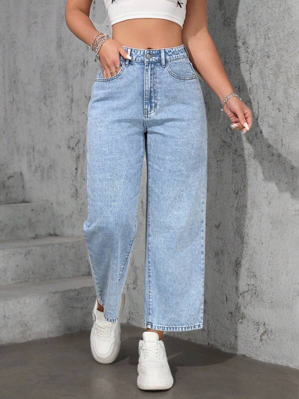 SHEIN EZwear Women's Casual Washed Loose Straight Leg Jeans