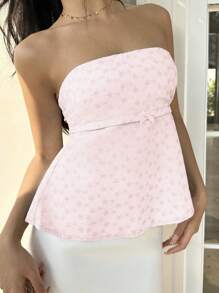 Sunnyshic Women's Fashion Vacation Embroidery Bow Bandeau Top - Baby Pink - View 6