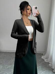 SHEIN PETITE Women's Casual Ribbed Brushed Open Front Side Pocket Lightweight Jacket Fall Cloth For Women - Black - View 1