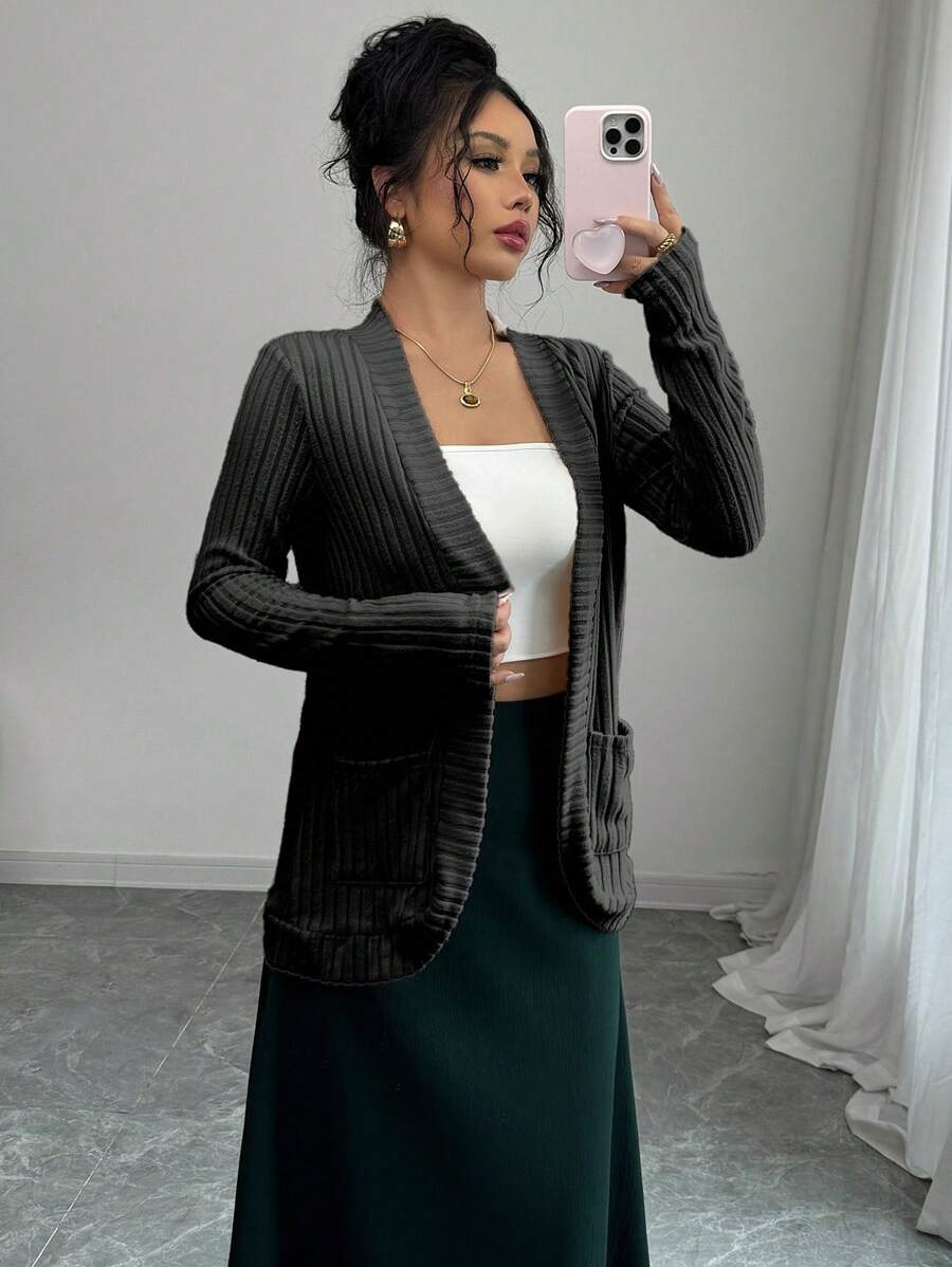 SHEIN PETITE Women's Casual Ribbed Brushed Open Front Side Pocket Lightweight Jacket Fall Cloth For Women - Black - View 1