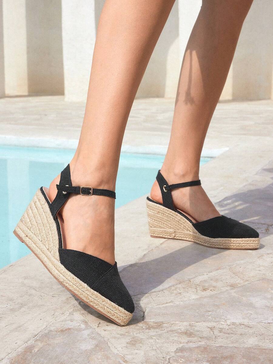 Styleloop 女士简约踝带帆布鞋，度假松紧带，后拉链，仿皮圆头镂空金属扣，黑色编织厚底坡跟凉鞋，适合度假、波西米亚、西部、音乐节、派对等场合 - 黑色 - 查看 1