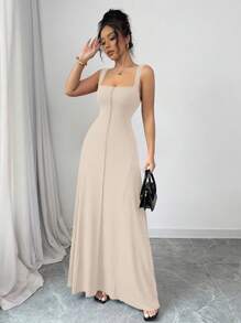 SHEIN Privé Wine Red Elegant Retro Square Collar Front Vent A-Line Dress For Women - Apricot - View 8