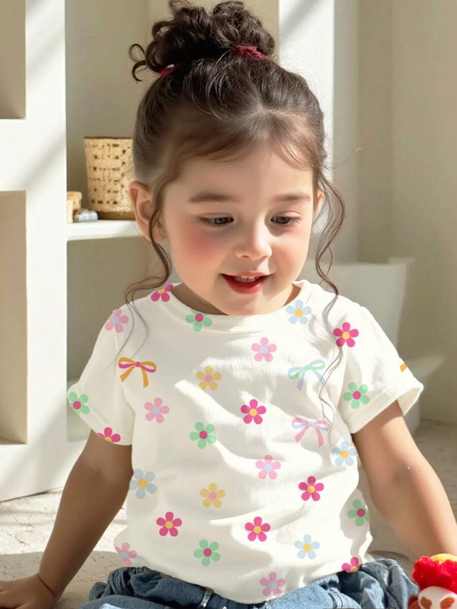 SHEIN Happikins Cute Mini Colorful Floral Bowknot Print, Baby Girl Casual Simple Short Sleeve Round Neck Top, Suitable For Summer - Multicolor - View 1
