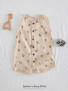 Cozy Pixies Baby Boy Cartoon Coconut Tree Pattern Round Neck Sleeveless Romper Shorts, Casual And Versatile - Apricot - View 3