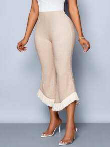 SOLERSUN Summer Women's Clothing, Leisure And Vacation, Daily Style, Apricot Color, Textured Fabric, Asymmetric Hem, Loose Flared Pants, Fringed Hem Decoration, Knitted Trousers