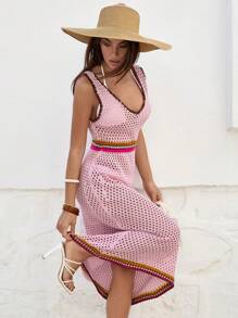 EURMUSE Boho-Chic Striped Crochet Cover-Up Dress With Cut-Out Front And Open-Back Design - Baby Pink - View 1