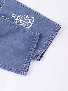 Girls Street Graffiti Wash Straight Leg Mid Waist Blue Denim Jeans - Medium Wash - View 7