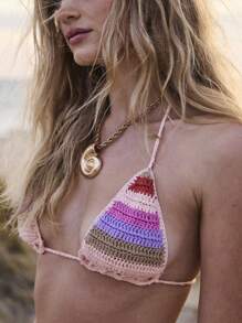 Aralina Striped Crochet Halter Boho Beach Vacation Micro Short Bikini Two Pieces Set For Summer - Dusty Pink - View 3