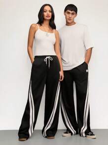 Manfinity VCAY Unisex Casual Knitted Drawstring Wide Leg Straight Sweatpants, Suitable For Daily Wear - Black - View 3