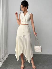 Firerie 女士优雅西装外套领子聚拢腰线纽扣褶皱不对称两件套双排扣腰部收腰上衣和不对称褶裙，教师装，适合派对、母亲节、时尚、音乐节、约会之夜、办公室着装、返校、舞会、婚礼、约会、音乐会、通勤、狂欢节、情人节、优雅、夏季/春季、音乐会 - 杏色 - 查看 5