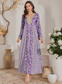 Al Najma 女士方领图案传统优雅土耳其长裙和阿拉伯传统长袍 - 淺灰紫 - 查看 5