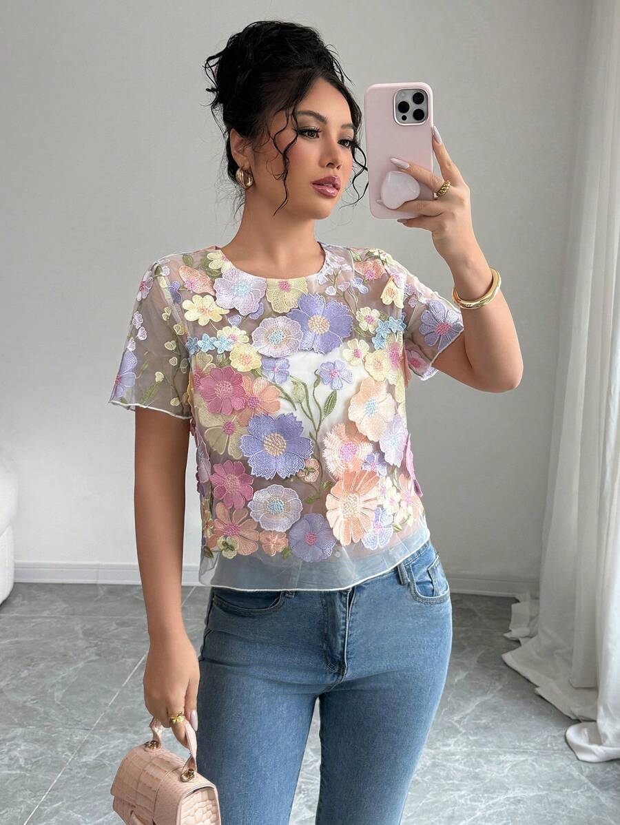 Elenzga Summer Elegant Floral Embroidered Sheer Mesh Blouse - Multicolor - View 1