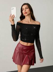 SHEIN Tall 女士闪亮船领派对性感单肩 T 恤上衣 - 黑色 - 查看 1