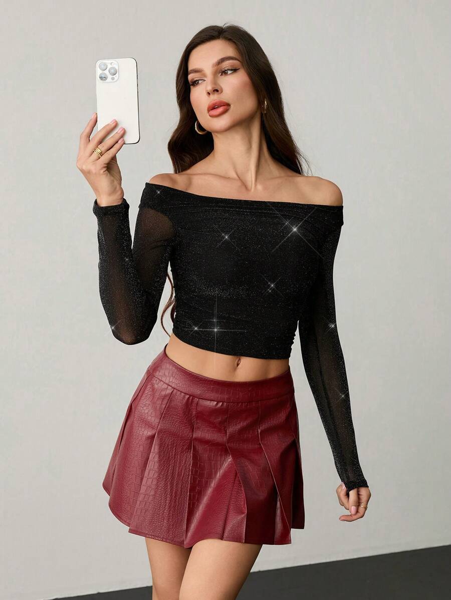 SHEIN Tall 女士闪亮船领派对性感单肩 T 恤上衣 - 黑色 - 查看 1
