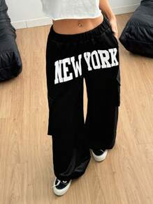 SHEIN ICON Pantaloni sportivi a vita bassa con stampa a lettere Y2K neri, adatti allo stile athleisure, minimalisti e di moda, ideali per l'estate