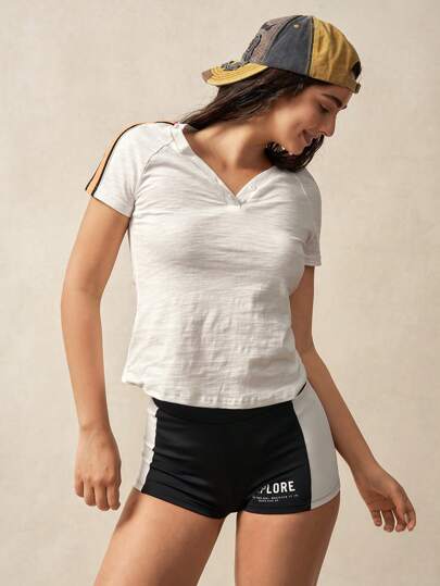 VARSITIE 女士纯色拼布前扣休闲短袖运动 T 恤和吊带背心