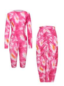 Swim Shayni 3pcs/Set Women's New Printed Long Sleeve Crop Pants And Maxi Dress Beach Cover Up Set - Multicolor - View 7
