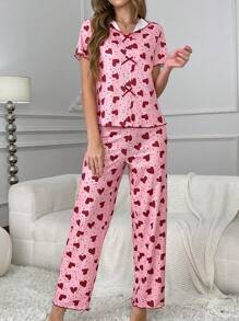 SHEIN Conjunto de pijama de mujer con pajarita, estampado de corazón, manga corta y pantalón largo