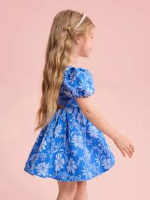 Vestido azul sem mangas para meninas com decoração de laço grande, casual - Azul - Ver 5