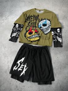 Manfinity Streetrush Conjunto de camiseta de manga larga y pantalones cortos de estilo urbano juvenil para hombres con estampado de calavera de hielo y fuego de la calle. Este conjunto presenta un diseño en contraste negro y verde con gráficos de impresión de gran tamaño, que representa un estilo de rock callejero. Es adecuado para festivales de música y uso diario, convirtiéndolo en un gran regalo para novios o esposos, que refleja la moda callejera y la estética Y2K. Conjunto de dos piezas para hombres, conjunto de camiseta de manga larga y pantalones cortos estampados con esqueleto de hielo y fuego de 2 en 1 para hombres, conjuntos de 2 piezas para hombres