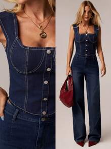 SHEIN Forever 21 夏季/乡村音乐会/乡村音乐会/茶会/优雅/音乐会/休闲女士/夏季/蓝色牛仔上衣 - 藍色 - 查看 1