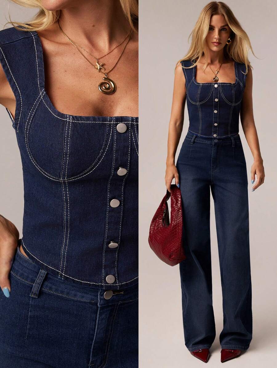 SHEIN Forever 21 夏季/乡村音乐会/乡村音乐会/茶会/优雅/音乐会/休闲女士/夏季/蓝色牛仔上衣 - 藍色 - 查看 1