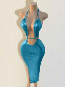 BamGleam Đầm hở lưng tối giản màu trơn cho nữ mùa hè - Màu xanh lam - Xem 4