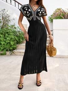 EURMUSE Women V-Neck Spring Summer Maxi Hollow Out Cover Up Dress Short Sleeve - Black and White - View 7