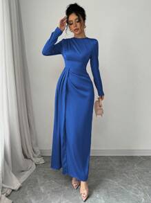 Elenzga Vestido largo de satén liso con hombro fruncido, manga larga, abertura lateral y diseño elegante para fiesta - Atuendo de mujer