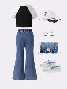 SHEIN 2pcs/Set Young Girls Elegant Five Star Print Round Neck Crop Top With Belt & Pockets Denim Long Pants Outfit - Black - View 2