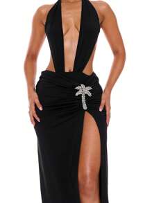 Musera Resort Slinky Gathered Front Embellished Palm Tree Side Split Straight Fit Sexy Club Maxi Skirt Only For Summer Spring Holiday Vacation Ibiza Beachwear - Black - View 5