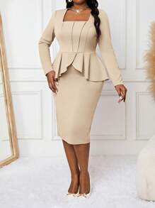 Fleurora Autumn And Winter Elegant Plus Size Wedding Valentine's Day Purple Knitted Long Sleeve Blazer & Skirt Co-Ord Set - Apricot - View 3