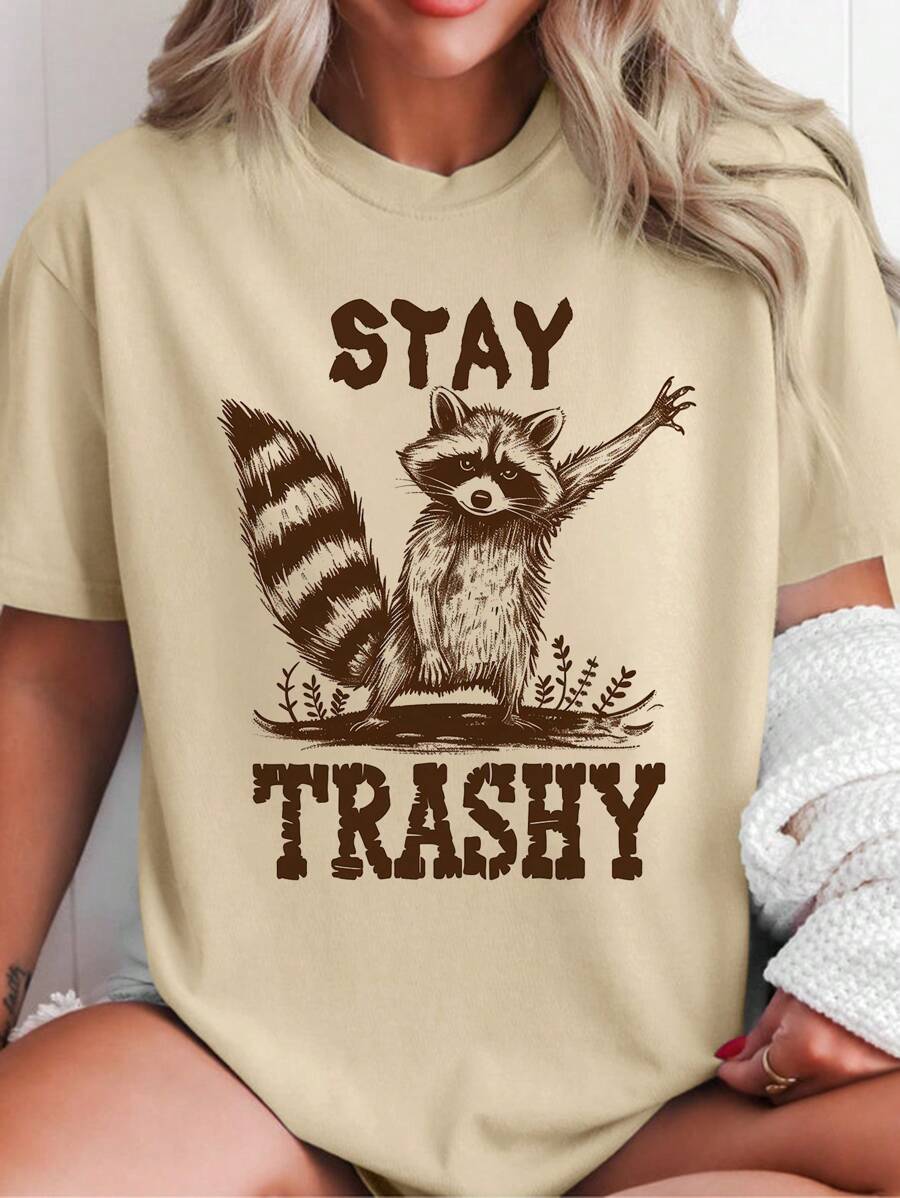 Calvaya 大码女式休闲可爱浣熊印花短袖 T 恤 - 白色 - 查看 1