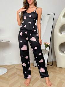SHEIN 2 件套女士心形印花吊带背心和裤子睡衣套装 - 黑色 - 查看 6